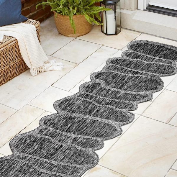 Jasper Modern Rustic Abstract Dark Gray/Gray 2 ft. x 8 ft. Indoor/Outdoor Shaped Runner Rug