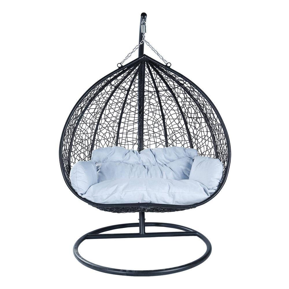 Light Grey Cushioned Two-Person Black Stainless Steel Hanging Swing Chair