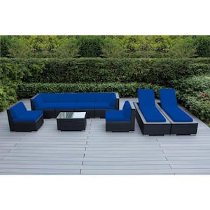 Black 9-Piece Wicker Patio Combo Conversation Set with Sunbrella Pacific Blue Cushions