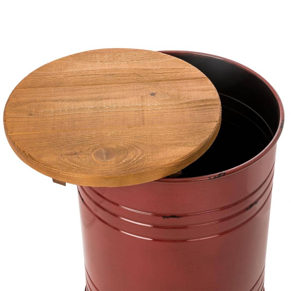 Rustic Red Iron & Pine Wood Storage Accent Table/Stool Set