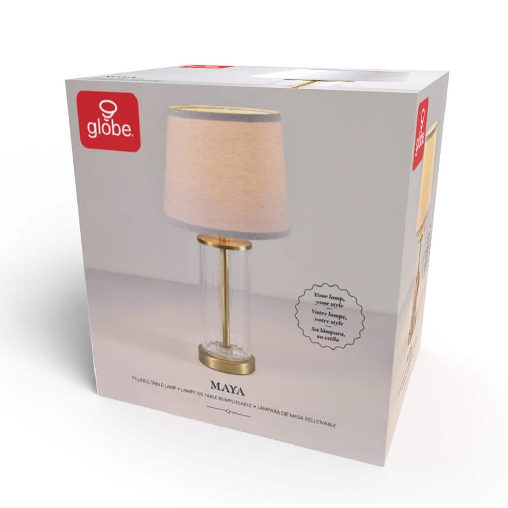 20" Clear Glass Table Lamp with Matte Brass Accents and Off-White Linen Shade