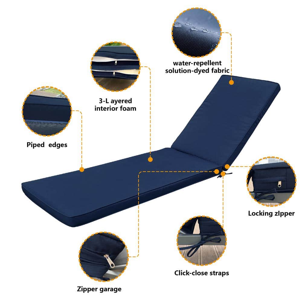 Navy Blue Polyester Outdoor Chaise Lounge Cushion Set