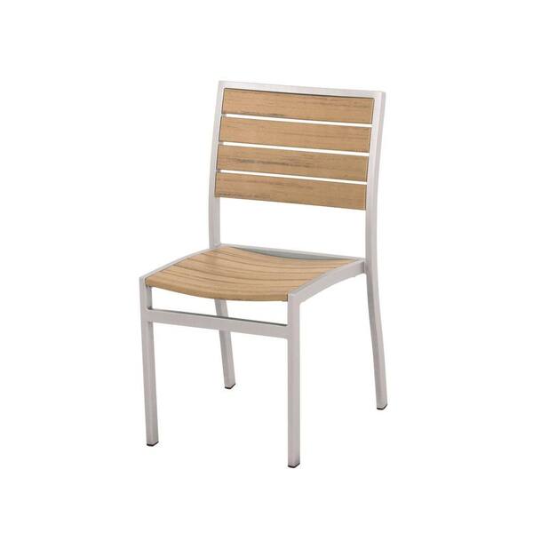 POLYWOOD Euro Textured Silver Patio Dining Side Chair with Plastique Natural Teak Slats