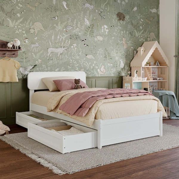 AFI Capri White Solid Wood Frame Twin Platform Bed with Panel Footboard and Storage Drawers