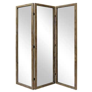 70 in. Distressed Brown 3-Panel Mirror Room Divider with Wood Frame