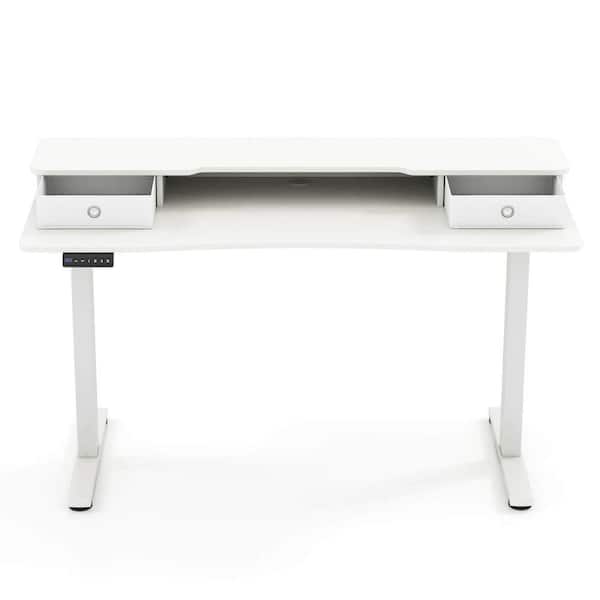 55 in. White Wood 2-Drawer Electric Standing Desk with Monitor Stand Storage Shelf