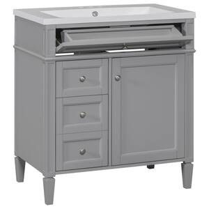 30 in. W x 18 in. D x 33 in. H Single Sink Freestanding Bath Vanity in Gray with White Resin Top and Tip-out Drawer