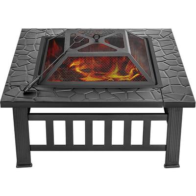 14.4 in. 3-in-1 Square Metal Patio Firepit Table with Screen Cover, Log Grate and Poker