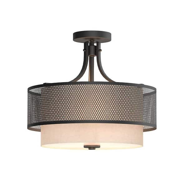 Home Decorators Collection Summit Collection 16 in. 3-Light Bronze Mesh Semi-Flush Mount with Inner Cream Fabric Shade