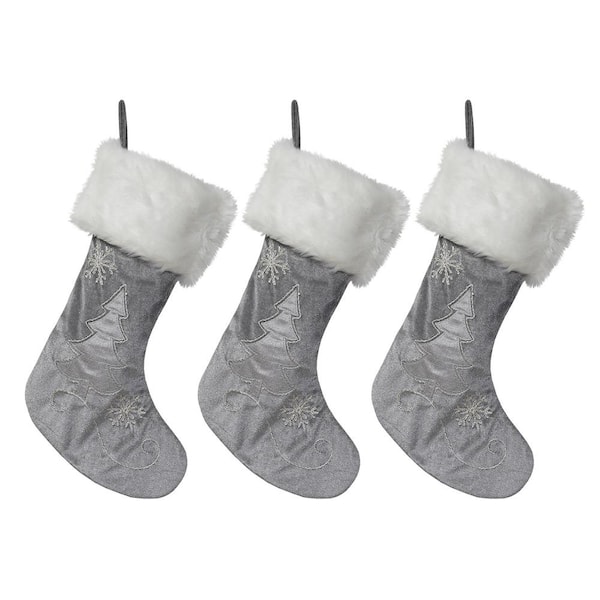 NEW TRADITIONS SIMPLIFY YOUR HOLIDAY 20 in. Silver Velvet Tree Christmas Stocking with Linen Christmas Embroidery (3-Pack)