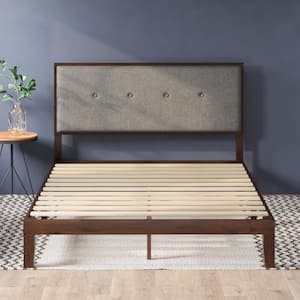 Moiz Brown Wood Queen Platform Bed Frame with Adjustable Upholstered Headboard