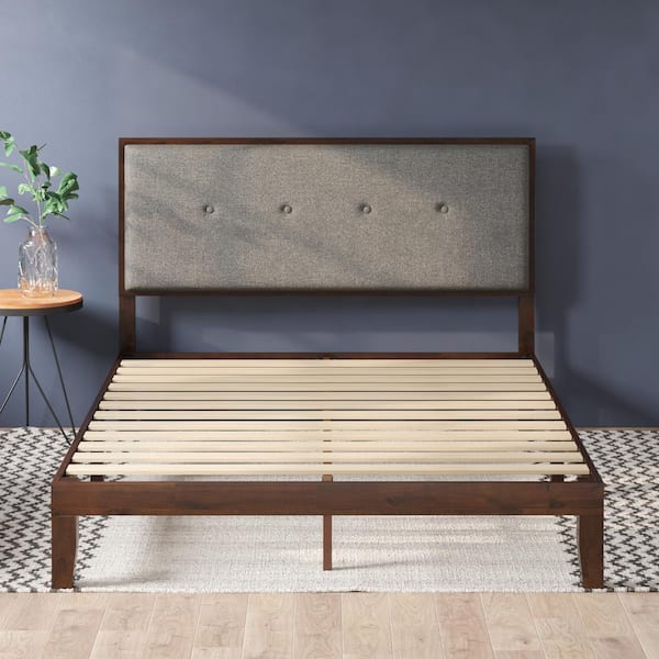 Zinus Moiz Brown Wood Queen Platform Bed Frame with Adjustable Upholstered Headboard