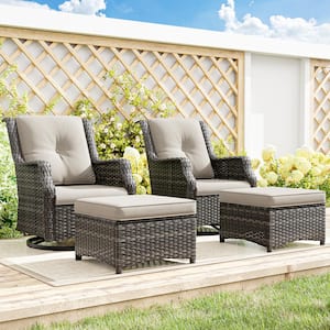 4-Piece Wicker Outdoor Pation Conversation Swivel Rocking Chair Set with Beige Cushions