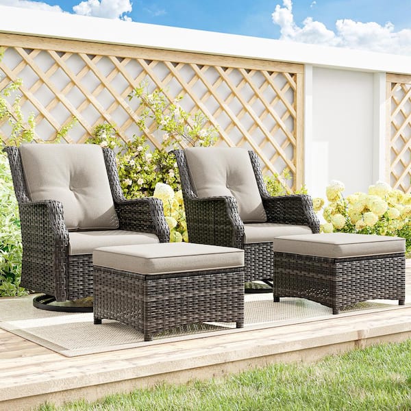 JOYSIDE 4-Piece Wicker Outdoor Pation Conversation Swivel Rocking Chair Set with Beige Cushions