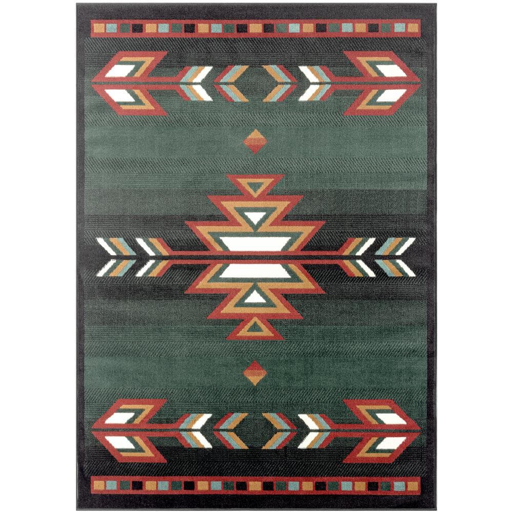 Southwestern Geometric Green and Red Synthetic Area Rug, 5'2" x 7'4"