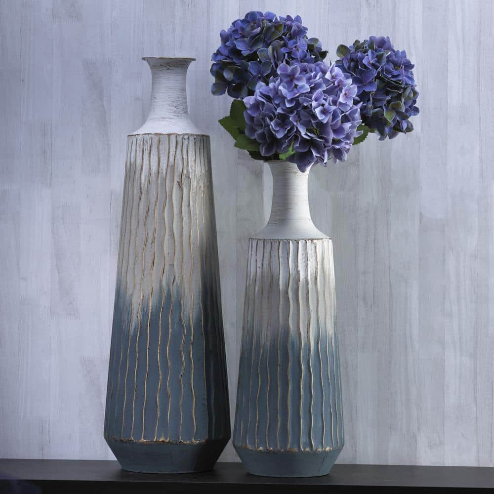 Tall Blue and Gray Textured Metal Cylinder Vases, Set of 2