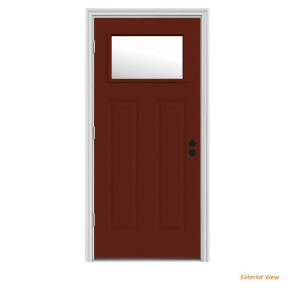 JELD-WEN 30 in. x 80 in. 1 Lite Craftsman Mesa Red Painted Steel Prehung Right-Hand Outswing Front Door w/Brickmould