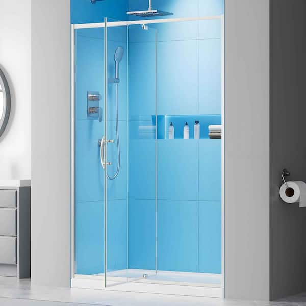 38-42 in. W x 71 in. H Pivot Semi-Frameless Shower Door in Brushed Nickel with Clear SGCC Tempered Glass