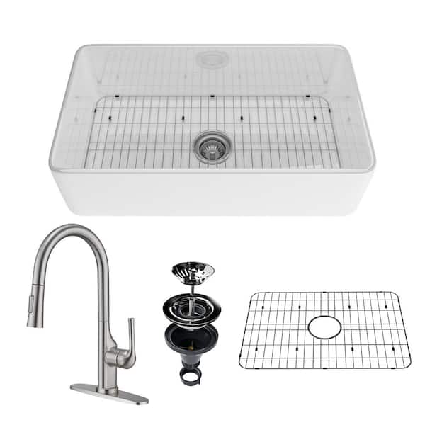 33 in. Undermount Farmhouse Single Bowl White Fine Fireclay Workstation Kitchen Sink with Faucet and Accessories