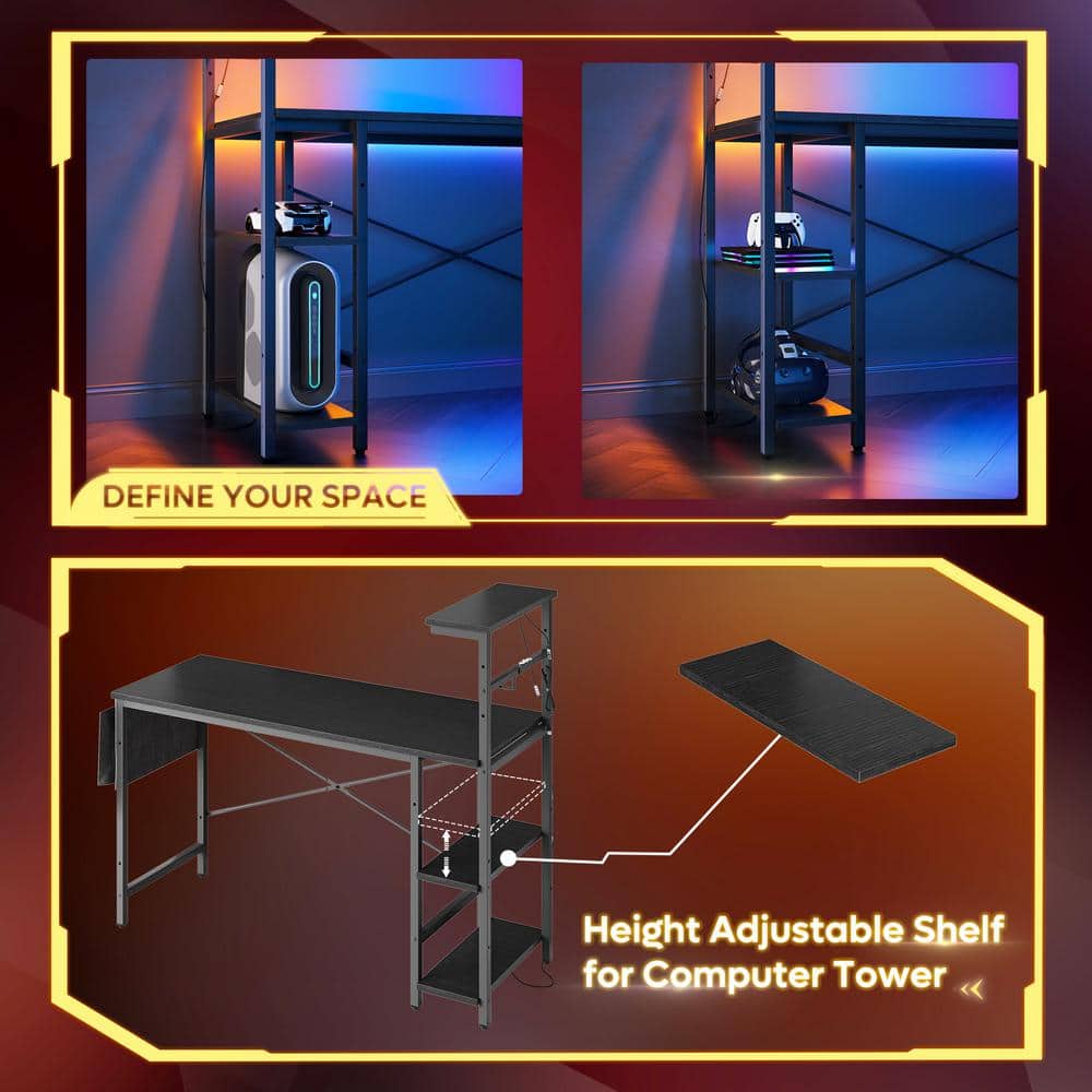 Black 52-Inch Wood Gaming Computer Desk with LED Lights and Shelves