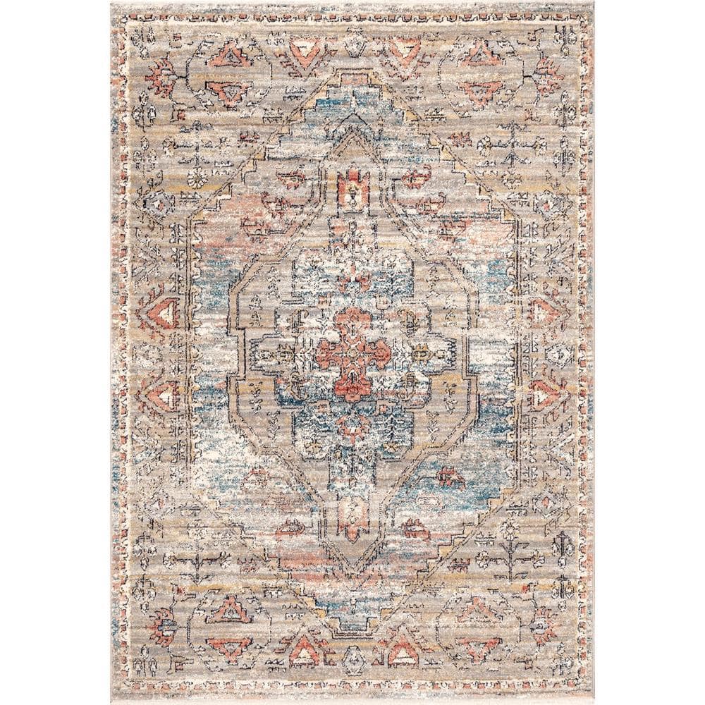 Beige and Blue Medallion Synthetic 4' x 6' Area Rug