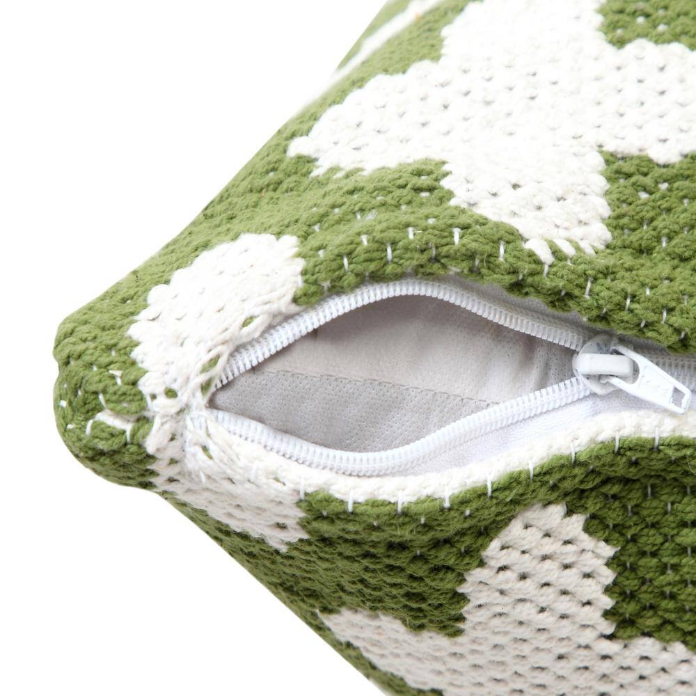 Green and White Woven Geometric Cotton Throw Pillow, 20" Square