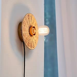 1-Light Matte Brass Plug-In or Hardwire Wall Sconce with Faux Rattan Backplate, In-Line On/Off Rocker Switch