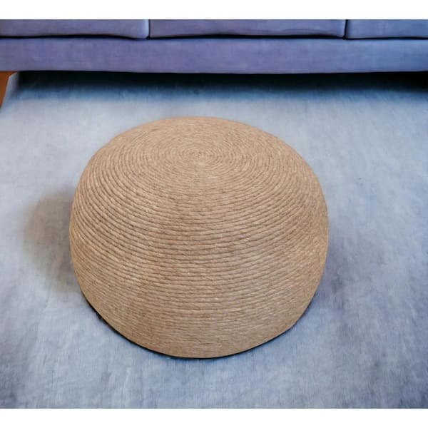 Beige Wool Round Accent Ottoman