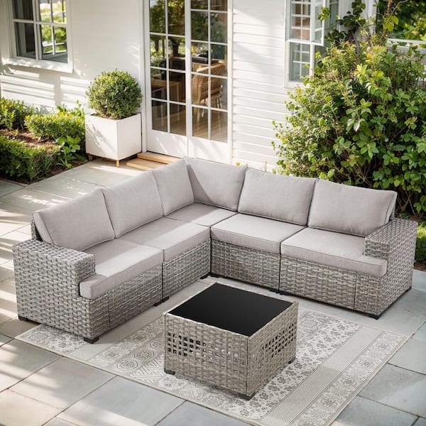 ModNest Taupe 6-Piece Wicker Patio Conversation Set, Modular Sectional Sofa with Beige Cushions and Coffee Table