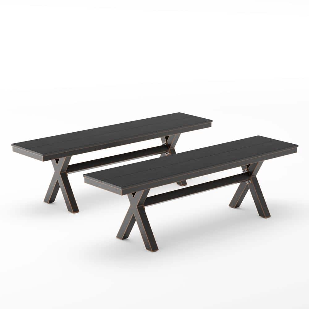 LUE BONA 60 in.Alu Recycled Plastic Wood Outdoor Patio Benches XLeg Dining Benches for Patio