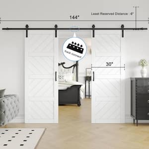 60 in. x 84 in.（Two 30 in. Slabs）White 4 Lite Wave Shape Prefinished Sliding Barn Door with Hardware Kit