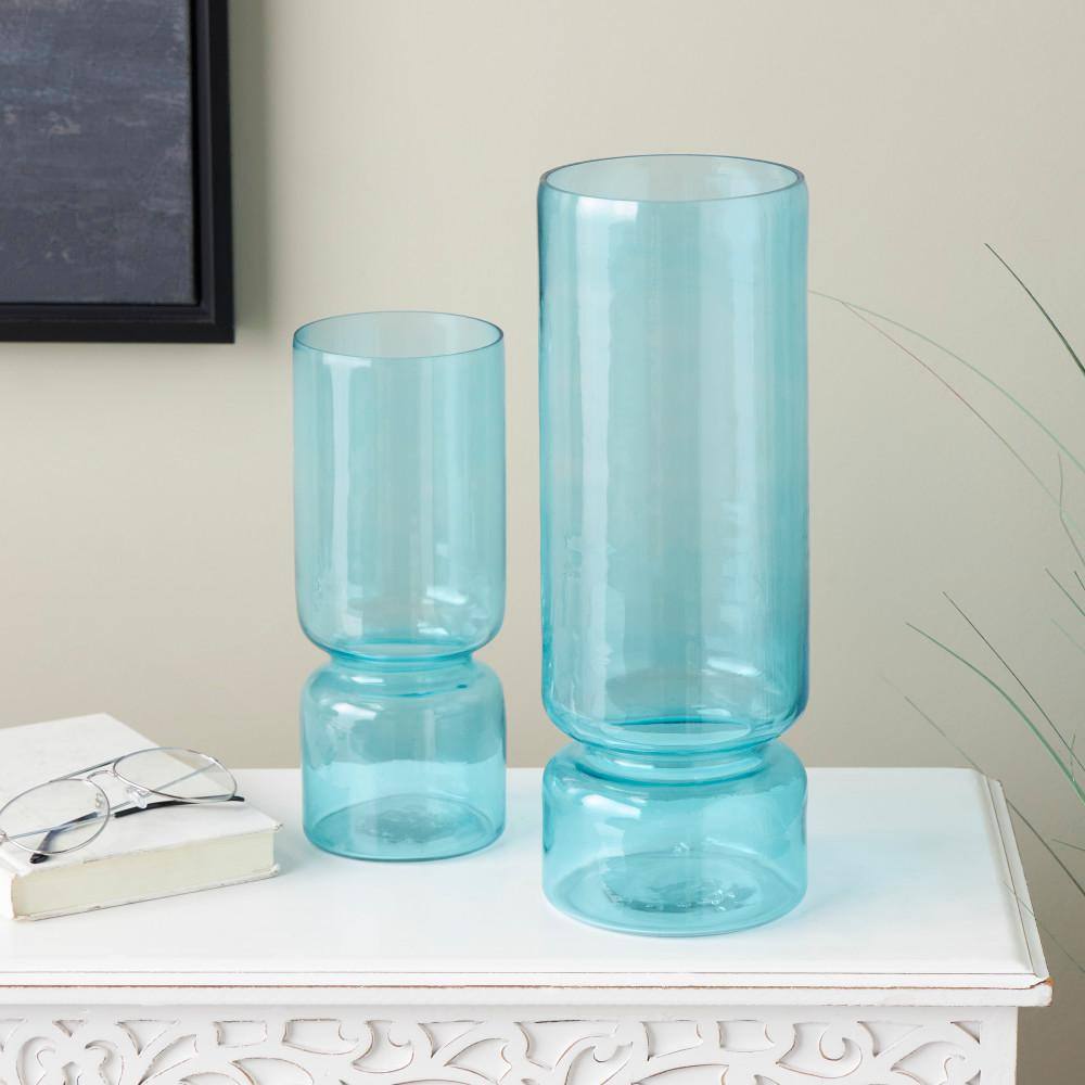 Azure Blue Glass Round Table Vase Set