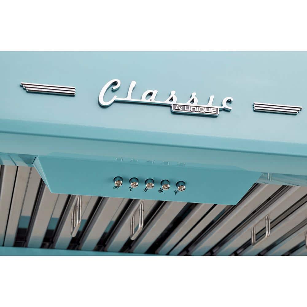 Classic Retro 30" Ocean Mist Turquoise Stainless Steel Under Cabinet Range Hood