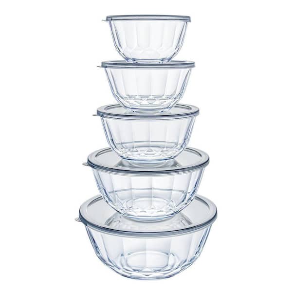 5-Piece Diamond Pattern Glass Mixing Bowl Set with Grey Transparent Airtight Lids for Baking Prep Storage
