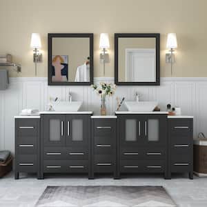 Ravenna 84 in. W Bathroom Vanity in Espresso with Double Basin in White Engineered Marble Top and Mirror