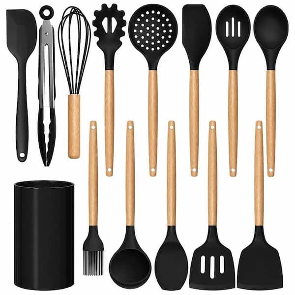 Heat Resistant Silicone Cooking Utensils, Black Kitchen Utensil Set, Kitchen Gadgets for Nonstick Cookware