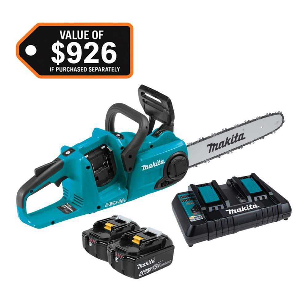 Makita LXT 14 in. 18V X2 (36V) Lithium-Ion Brushless Battery Rear Handle Chain Saw Kit w/ (2) Batteries 5.0Ah, Charger