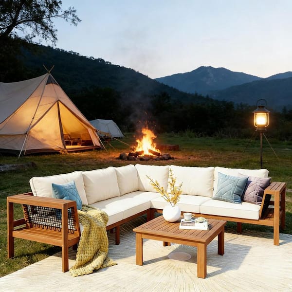 4-Piece Teak Acacia Wood Outdoor Sectional Set with Beige Cushions and a Coffee Table for Backyard