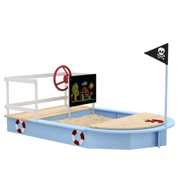3.7 ft. W x 5.7 ft. L Blue Wooden Pirate Ship Sandbox for Kids 3-7 Years, with Seat and Storage, Inspire Creative Play