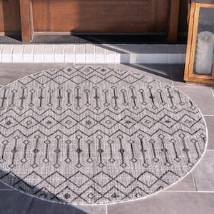 Gray/Charcoal Tribal Trellis Outdoor 4 ft. Round Area Rug