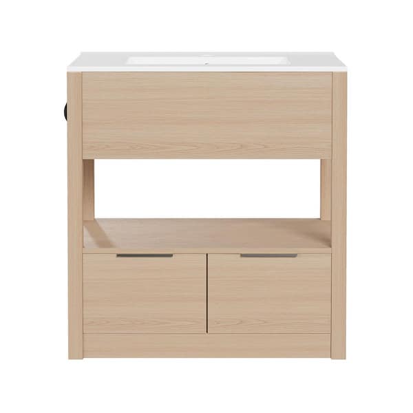 30 in. W x 18 in. D x 31 in. H Natural Wood Bath Vanity with White Ceramic Sink Top with Drawers with Tissue Holder