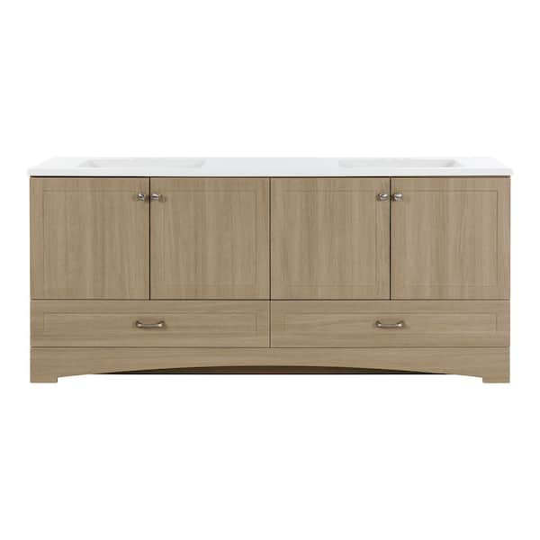 Lancaster 73 in. Double Sink Beige Oak Bath Vanity with White Cultured Marble Top (Assembled)
