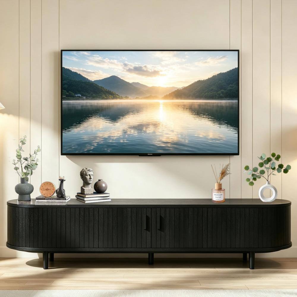 80" TV Stand,Wood TV Consoles with Sliding Doors ,Power Outlet and Adjustable Shelves,Black