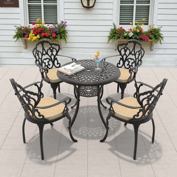 Willit Lily Black 5-Piece Cast Aluminum Outdoor Dining Set with Round Table and Dining Chairs with Off-white Cushion