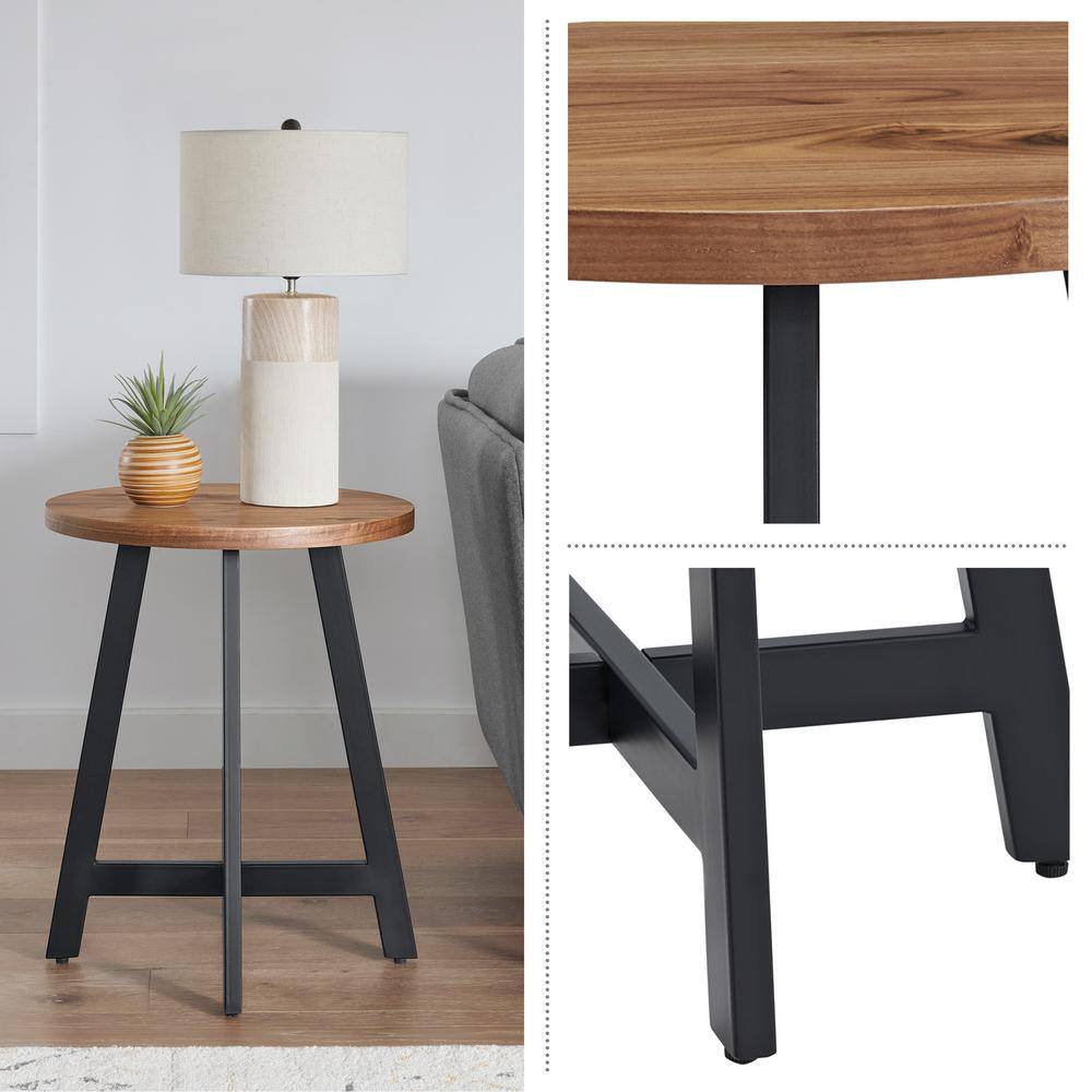 Walnut and Black Round MDF Top Industrial End Table