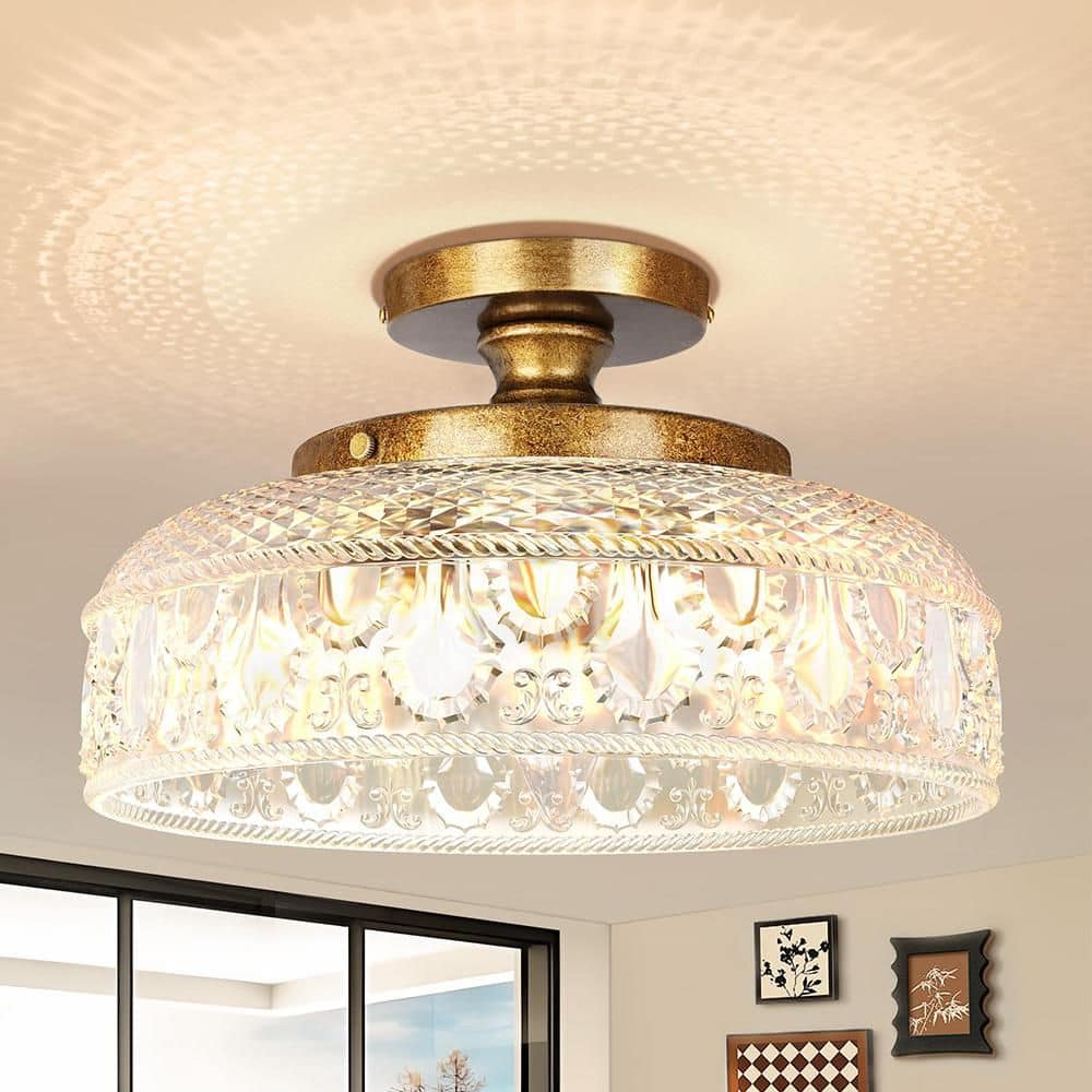 12 in. 3-Light Copper Semi Flush Mount Ceiling Light with Glass Shade ...