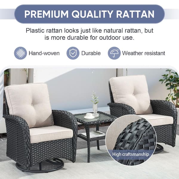 Black 5-Piece Wicker Patio Conversation Set with Swivel Rockers, Balcony Conversation Set with Beige Cushions