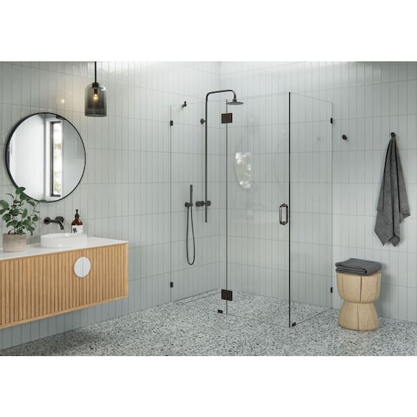 Glass Warehouse 57 in. W x 33 in. D x 78 in. H Pivot Frameless Corner Shower Enclosure in Oil Rubbed Bronze Finish with Clear Glass