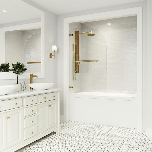 VIGO Orion 34 in. W x 58 in. H Pivot Frameless Tub Door in Matte Brushed Gold with 5/16 in. (8mm) Clear Glass