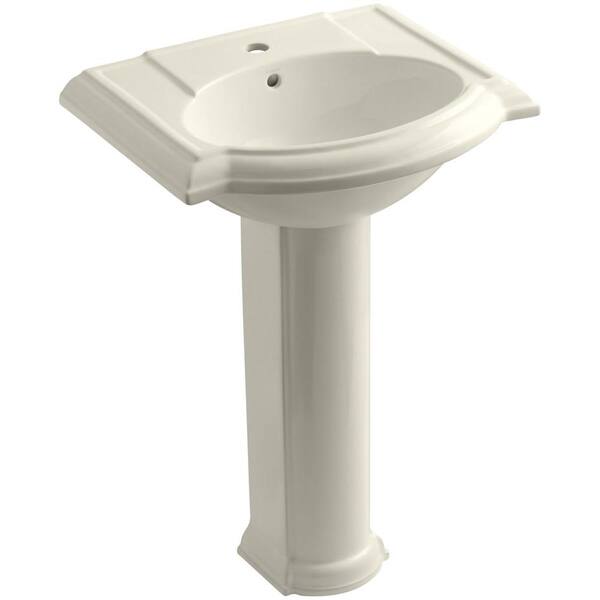 KOHLER Devonshire Vitreous China Pedestal Combo Bathroom Sink with Single Faucet Hole in Almond with Overflow Drain